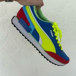 Puma Neon Future Rider Sneakers. Yellow, Blue & Red Retro Runner Sneaker